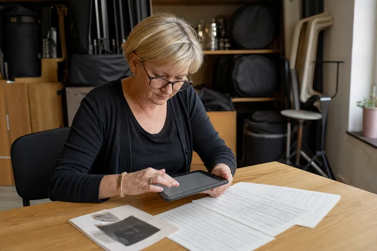 Kassenwartin prüft auf einem Tablet eine Checkliste für einen Vereinsauftritt.