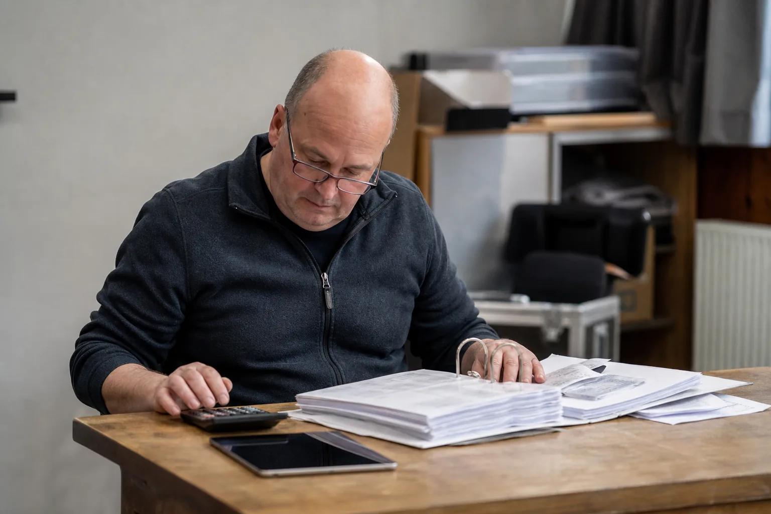 Kassenwart prüft Belege und eine digitale Stückliste am Schreibtisch.