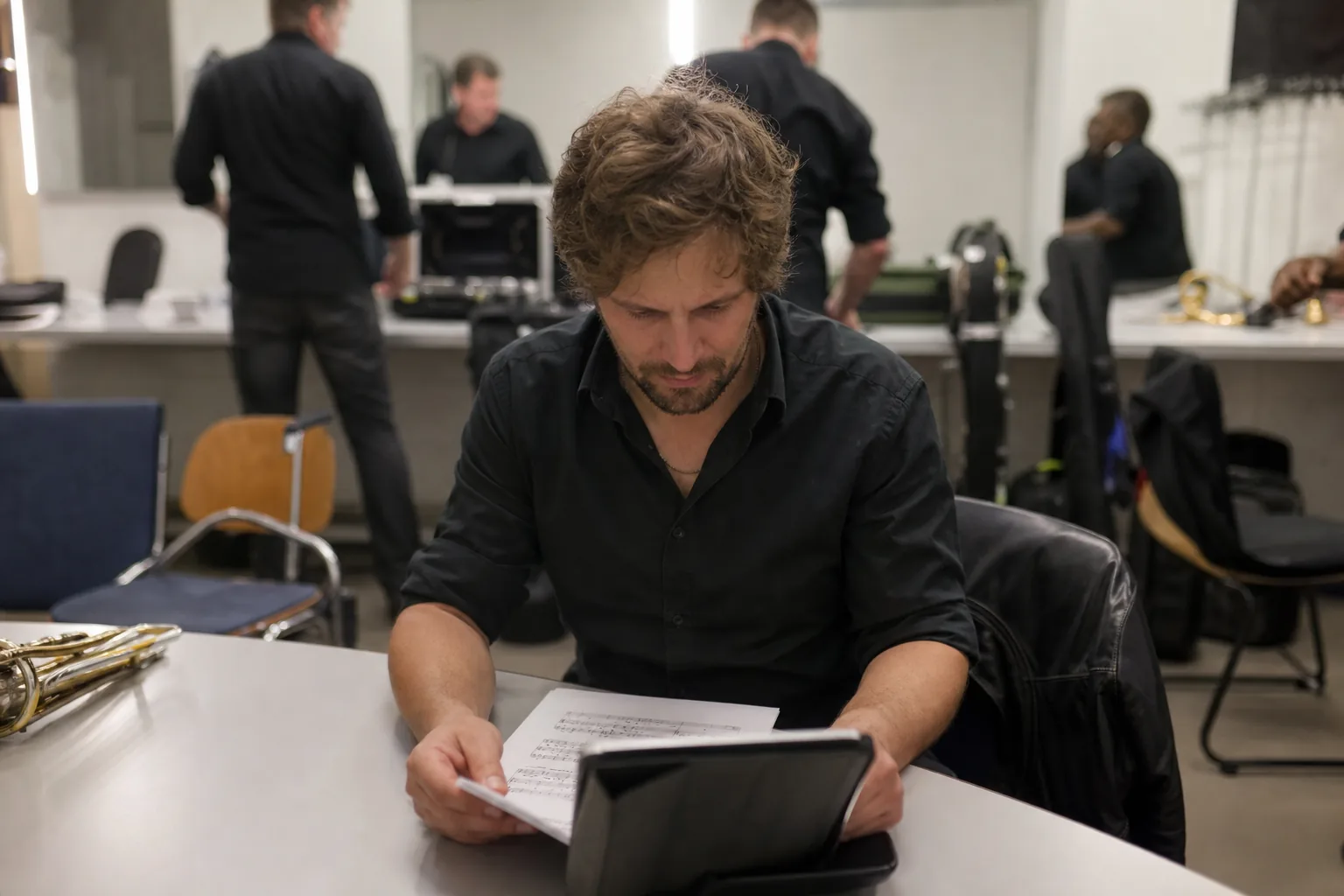 Bandmitglied gleicht eine digitale Setliste mit Notenblättern ab.