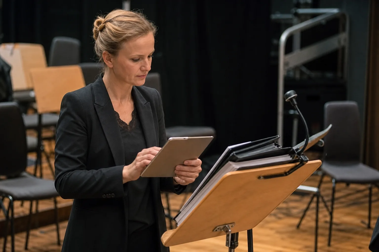 Dirigentin prüft nach einem Konzert eine digitale Stückliste am Notenpult.