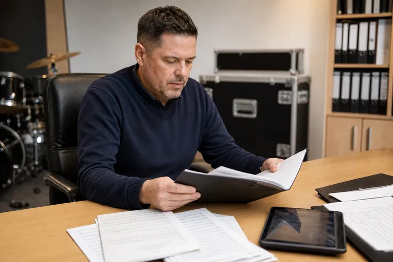 Vereinsvorstand prüft eine Veranstaltungsmappe und eine digitale Stückliste.